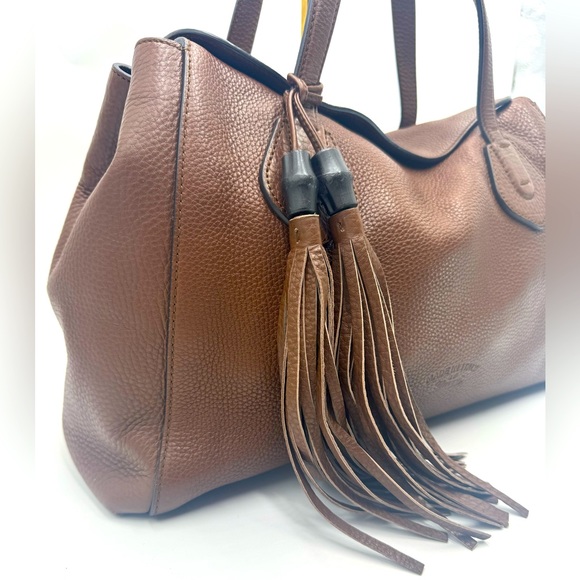 Auth Gucci Large Brown Pebbled Leather Lady Tassel Top Handle Tote Bag Preloved - Picture 2 of 15
